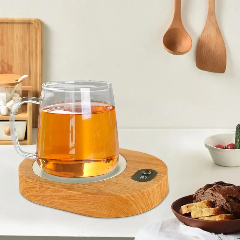 Cup Warmer For Coffee Fashion Wood Grain Cup Warmers USB Rechargeable Glass Heating Board 55-65 degree Tea Mug Warmer For Desk