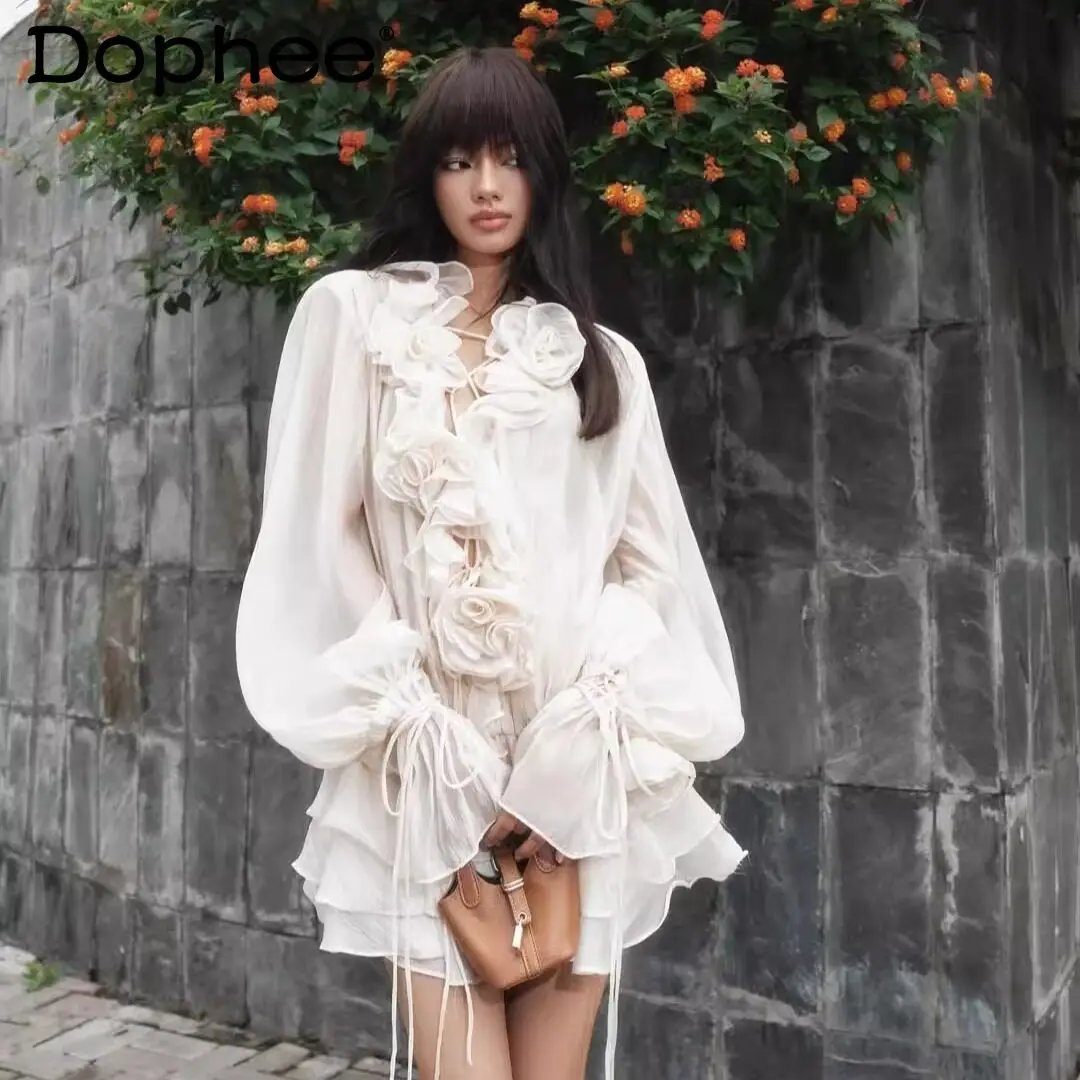 

2026 New Spring Summer New Sweet Lantern Sleeves Japanese Girl Dress Spice Girl Lotus Leaf Lace-up Thin Fashion Short Dress
