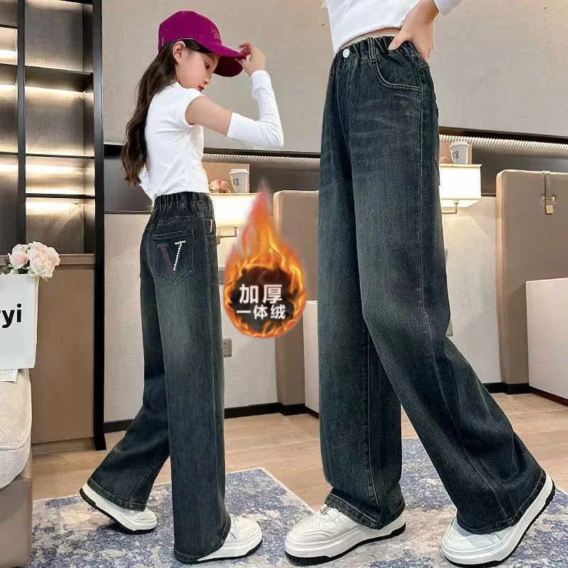Autumn Winter Children Pocket V-pearls Straight Insulated Jeans for Girls Warm and Thick Denim Pants Kids Teen Thermal Trousers