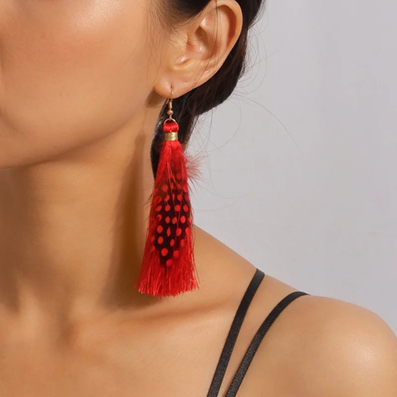 Aihua Boho lange Feder Ohrringe für Frauen schicke Huggies Zigeuner Fransen Ohrringe handgemachte Aussage Schmuck Geschenke – Detail 10