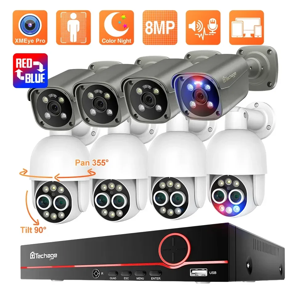 Techage-sistema de cámaras de vigilancia, Kit de seguridad de vídeo CCTV con lente Dual PTZ POE, Zoom 8X, detección humana por Ia, 4K, 8 canales