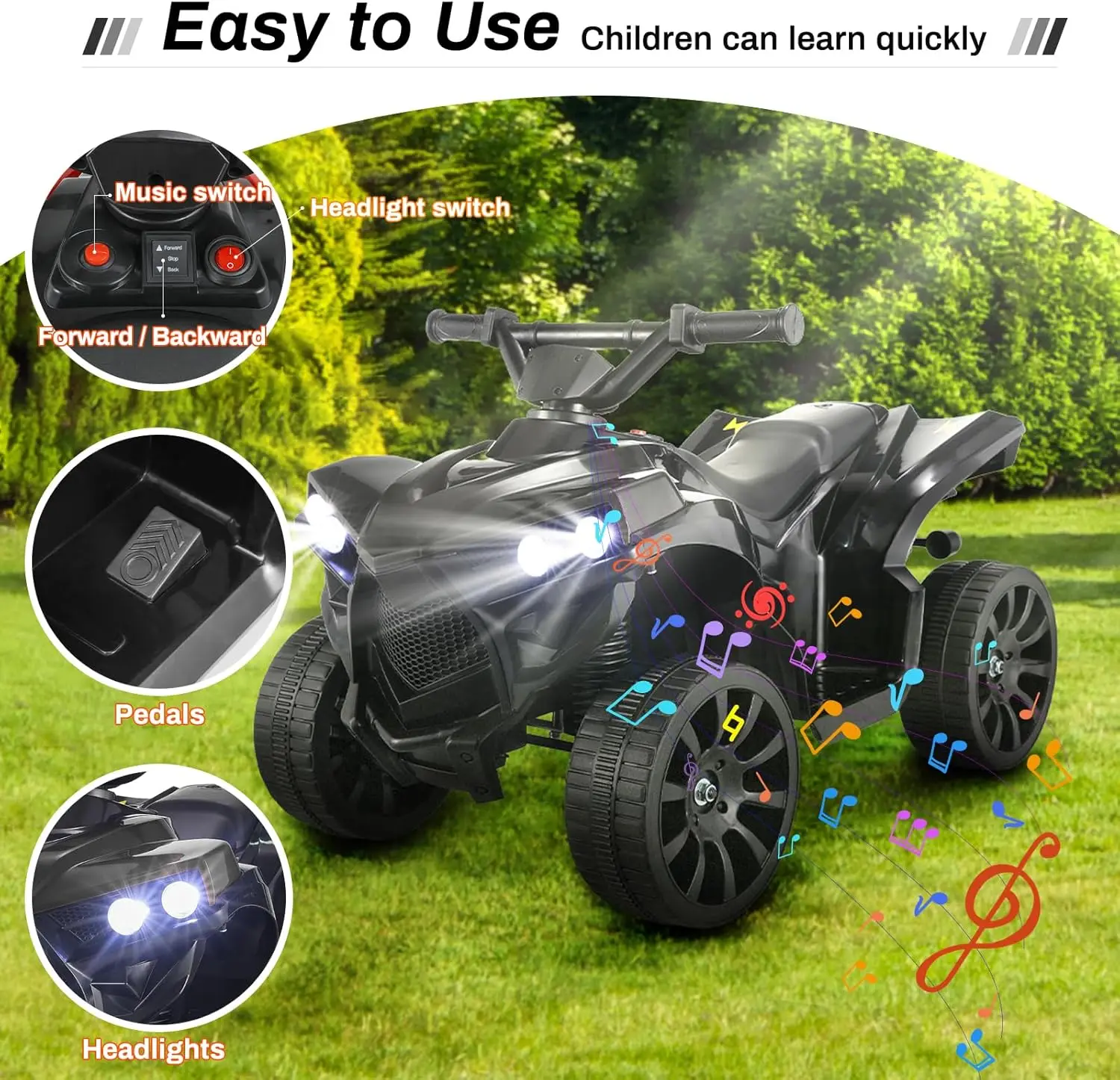 Kinder fahren auf ATV, elektrisches Gelände-Quad-Auto, 6 V, batteriebetrieben, mit Musik, Licht, Schwarz