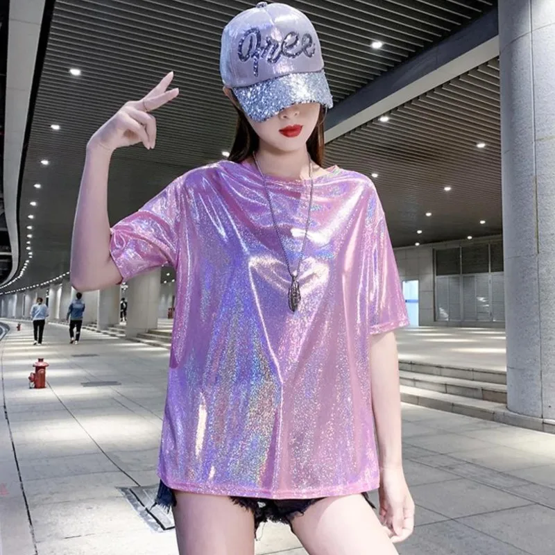 Glittering Short-sleeved T-shirt Women's 2022 Summer New Korean Round Neck Loose Reflective Top Festival Dance Student Clothes