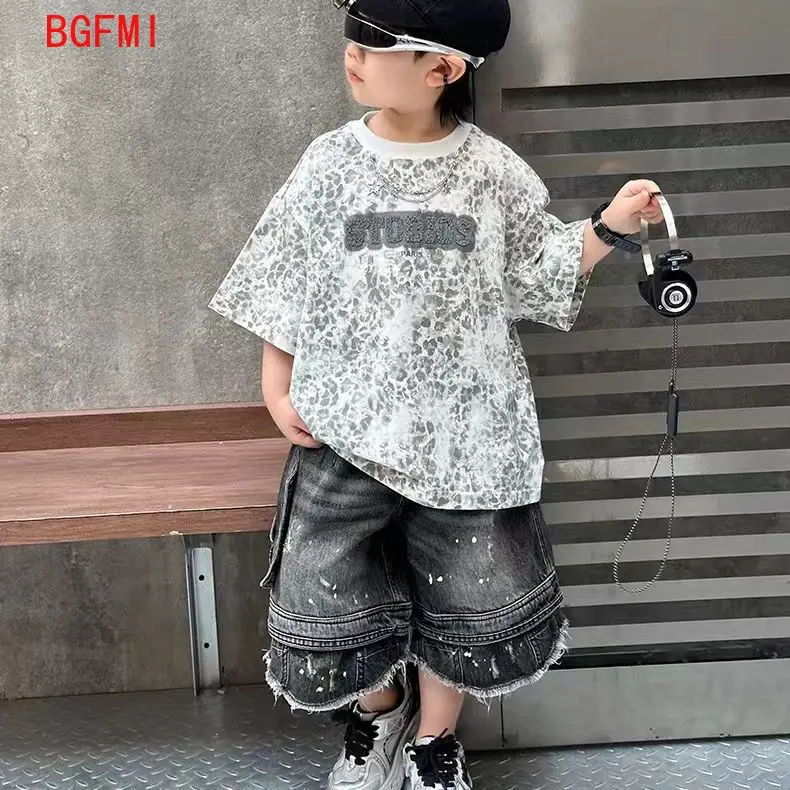 Adolescentes meninos meninas conjunto de verão novas crianças leopardo impressão manga curta algodão camiseta shorts 2 peças conjunto para menino solto conjunto casual