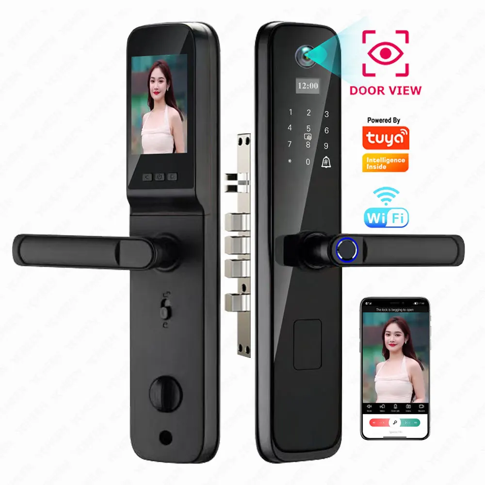 صوت حلقة جرس الباب عين القط مفتاح قفل ذكي بصمة واي فاي قفل الباب الرقمي سلامة شقة المنزل