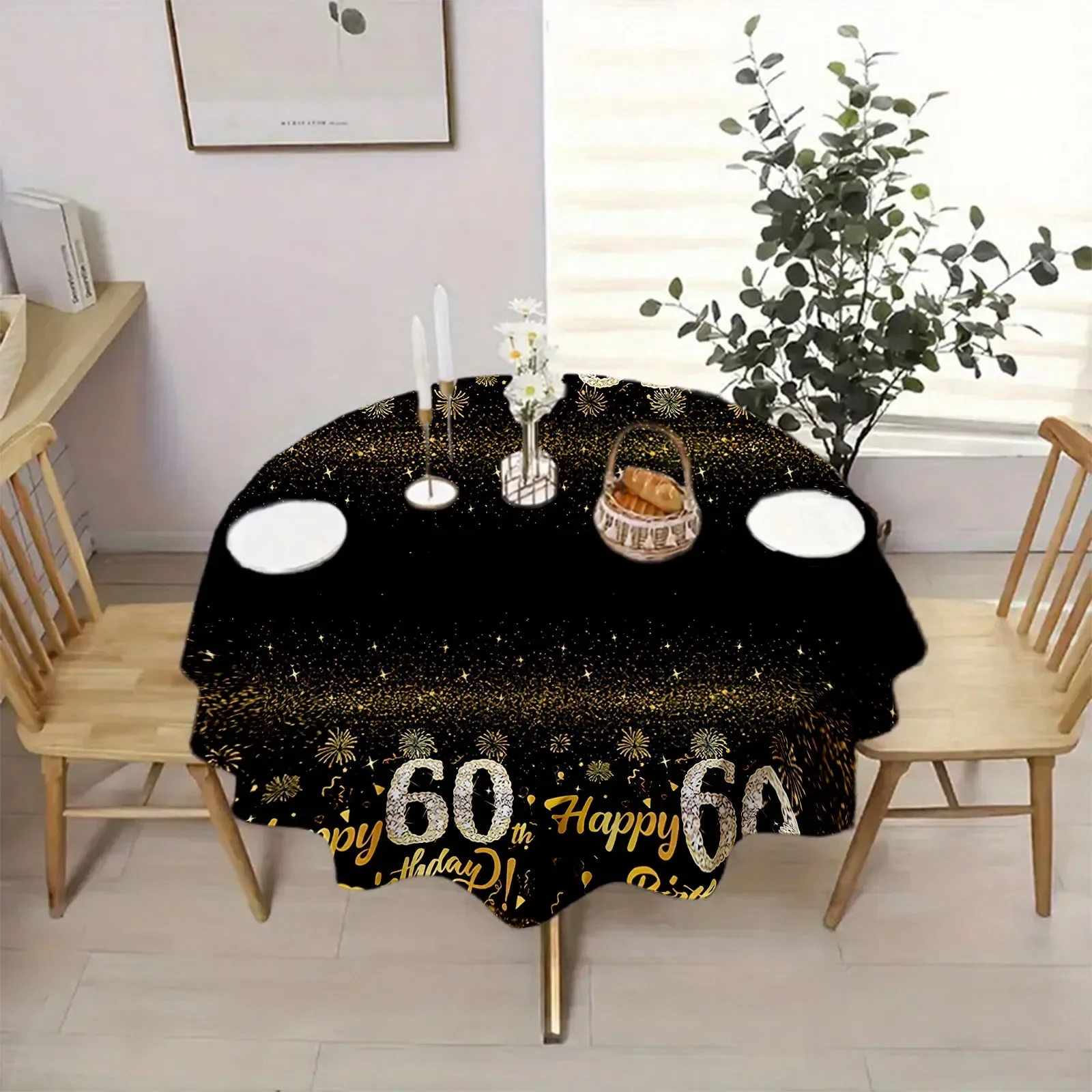 【JIT Product】Golden Shimmer 60th Birthday Happy Circular Tablecloth,numerals and brilliant stars, yzb