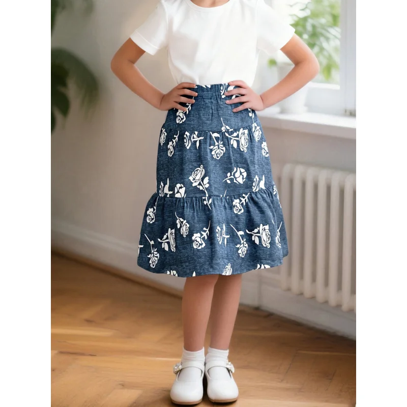 

2025Girls' Rose Print Faux Denim Skirt Fresh, Sweet, Fashionable, Versatile Midi Skirt