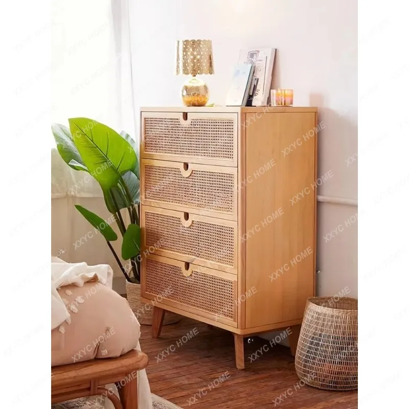 XX solid wood rattan four chest cabinet retro simple wall cabinet