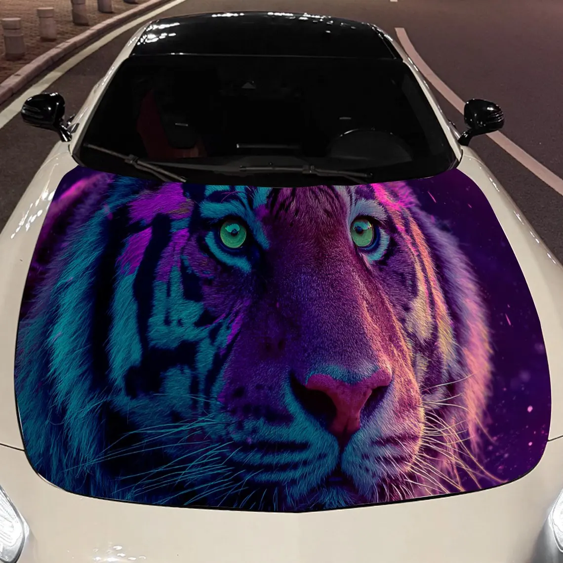 

Attrative Purple Tiger and Starry Sky Car Engine Hood Sticker, Auto Vinyl Wraps, Waterproof Self-adhesive Vehicle Decal, Durable