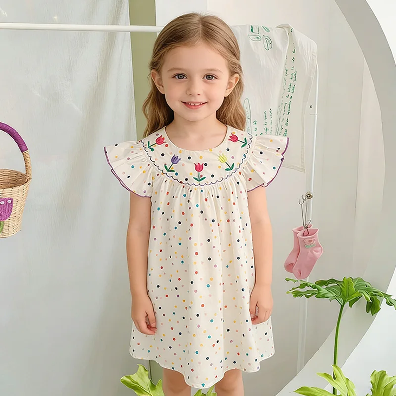 2026 Neues Sommerkleid für Mädchen mit Bunten Punkten und Blumenstickerei, Prinzessinnenkleid, Süßes Strandkleid für Mädchen von 3-8 Jahren