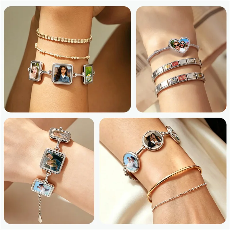 Fashion Photo Picture Customized Round Wings Square Heart Shape Italian Stainless Steel Personalized Lucky Bracelets DIY Bangles