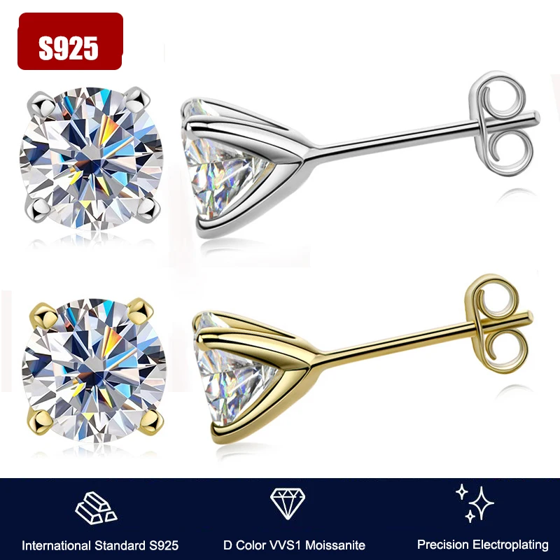 1cttw D Color Moissanite 4 Claw Earrings 925 Sterling Silver 18K Gold Plated Stud Earrings For Women Jewelry