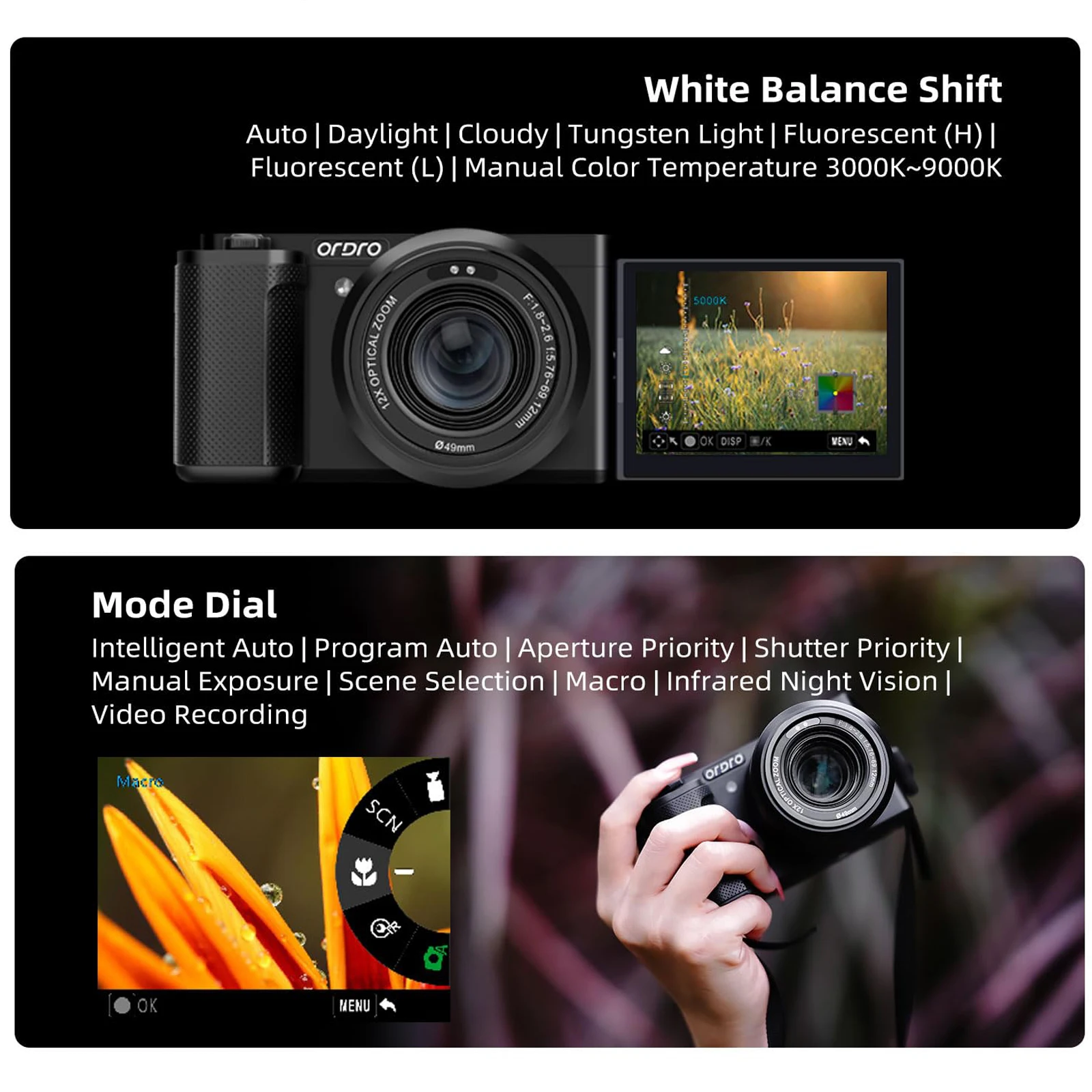 كاميرا رقمية ORDRO G730 مدمجة 4K Vlog كاميرا فيديو 12X زووم بصري 3.2 بوصة تعمل باللمس تركيز تلقائي يدوي للتصوير الفوتوغرافي