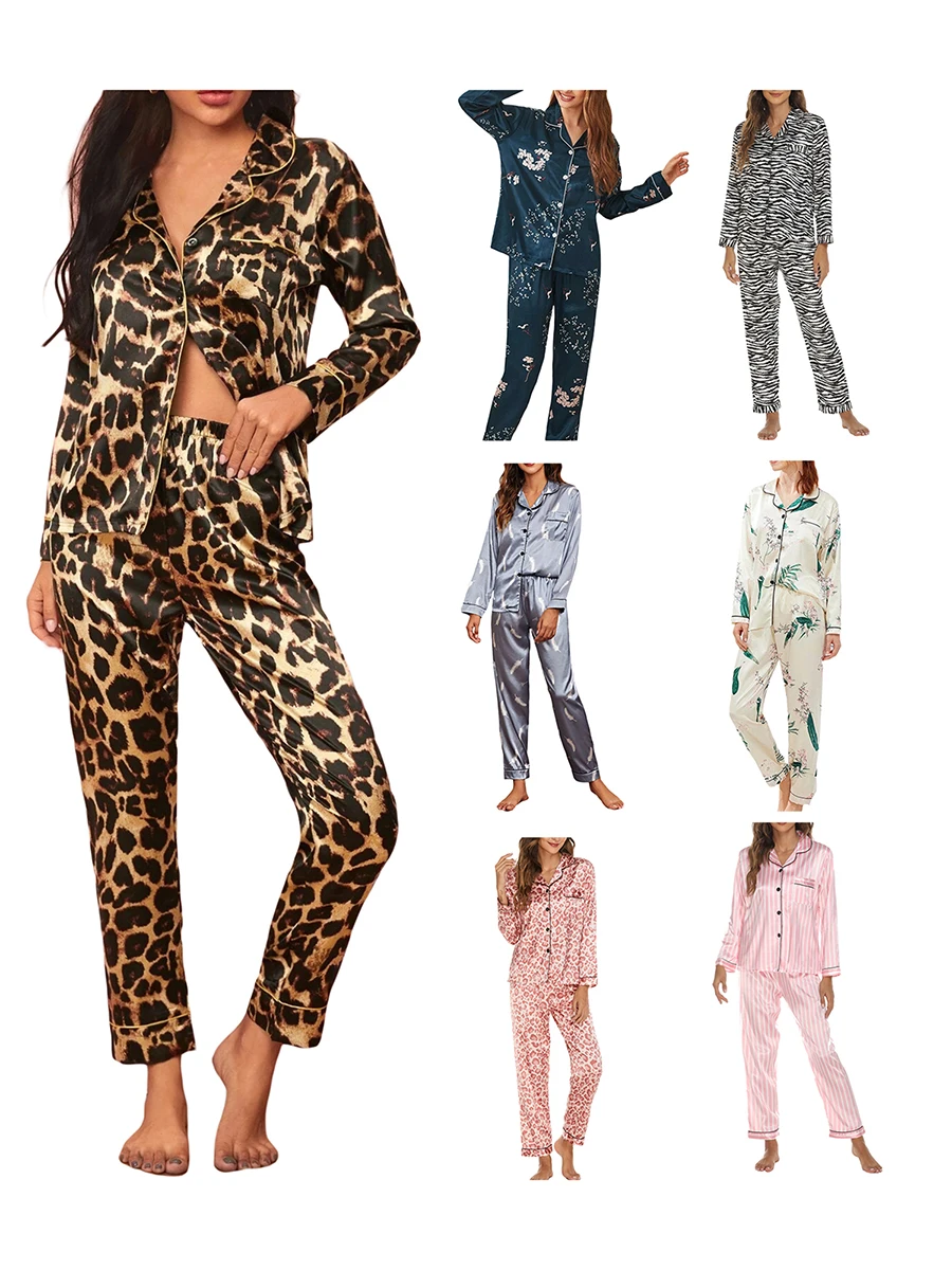 Women 2 Pieces Satin Pajamas Set Spring Autumn Long Sleeve Button Up Shirt and Casual Loose Elastic Pants Sleepwear Loungewear