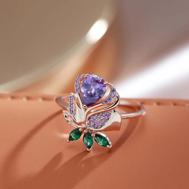 Kienl Vintage Purple Natural Zircon Ring for Women High Quality Fine Daily Jewelry 585 Rose Gold Color Crystal Flower Big Ring