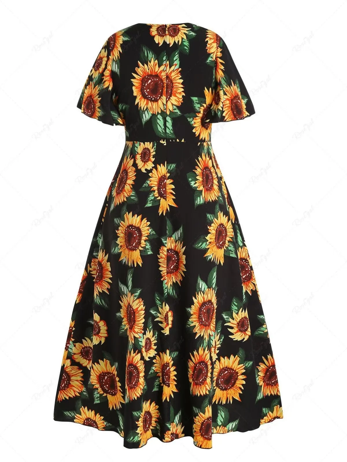 Plus-Size-Kleid mit Sonnenblumenmuster und tiefem Ausschnitt, Sommer-Urlaubs-Midikleid, lässiges und elegantes Design, perfekt für warmes Wetter. – Detail 4