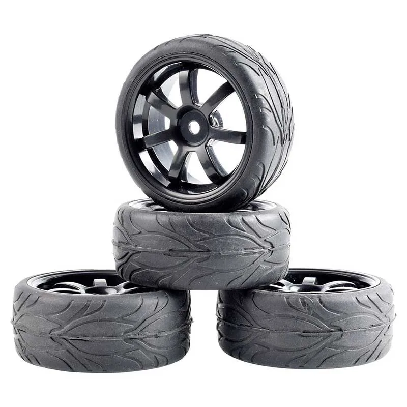 4Pcs RC Car Wheel Rim and Tire Touring Flat Run Tire  For 1/10 Scale Models Room Rally CarsTraxxas HSP Tamiya HPI Kyosho