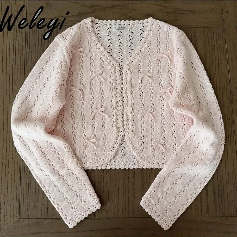 Cardigan rose crocheté à la main avec nœud, pulls en tricot évidés, lolita douce, cardigans courts avec nœud, mignon, automne, nouveau, 2024