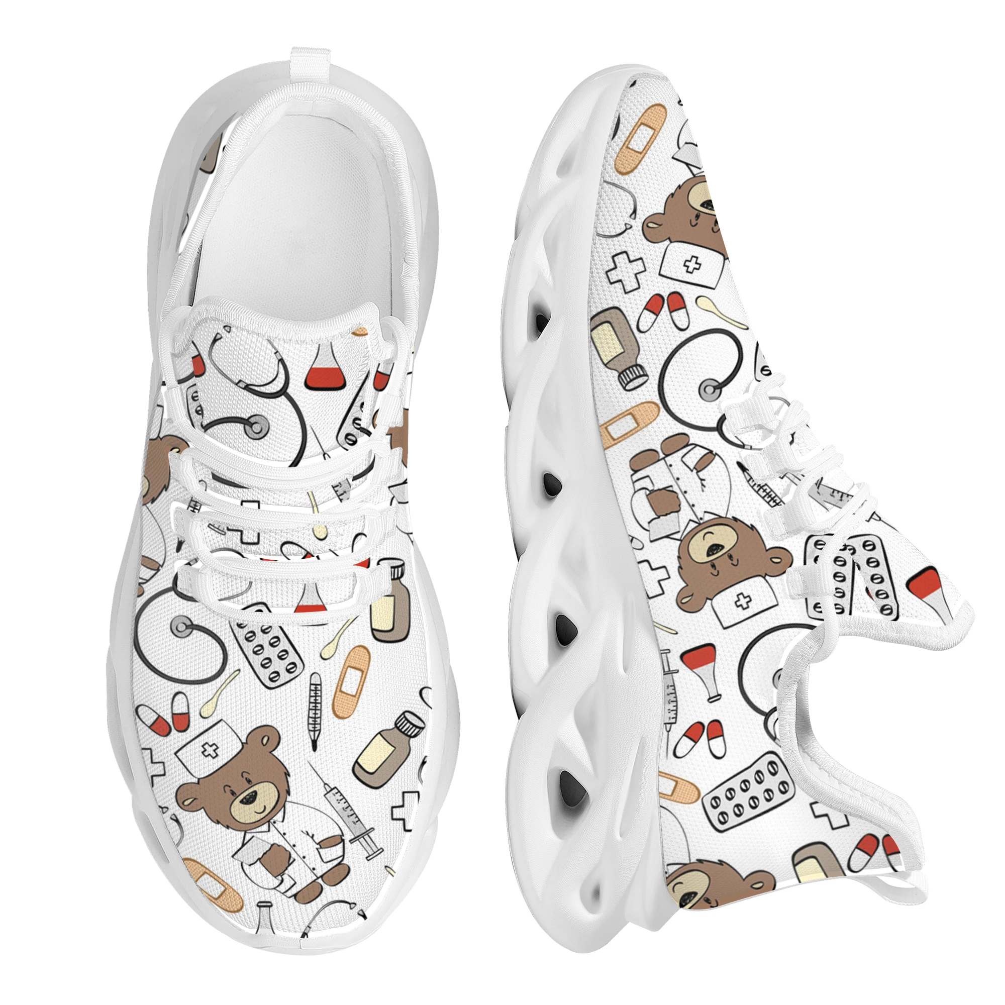 

INSTANTARTS Cute Nurse Bear Prints Casual Flats Women Sneaker Comfortable Non Slip Walking Footwear Outdoor All-match Shoes 2022