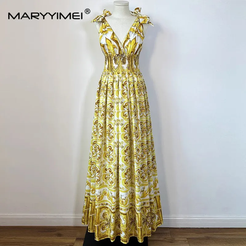 

MARYYIMEI Elegant Women's Ball Gown Dress Summer Sexy V-Neck Spaghetti Strap Bow Backless Elastic Waist Cotton Big Swing Dresses