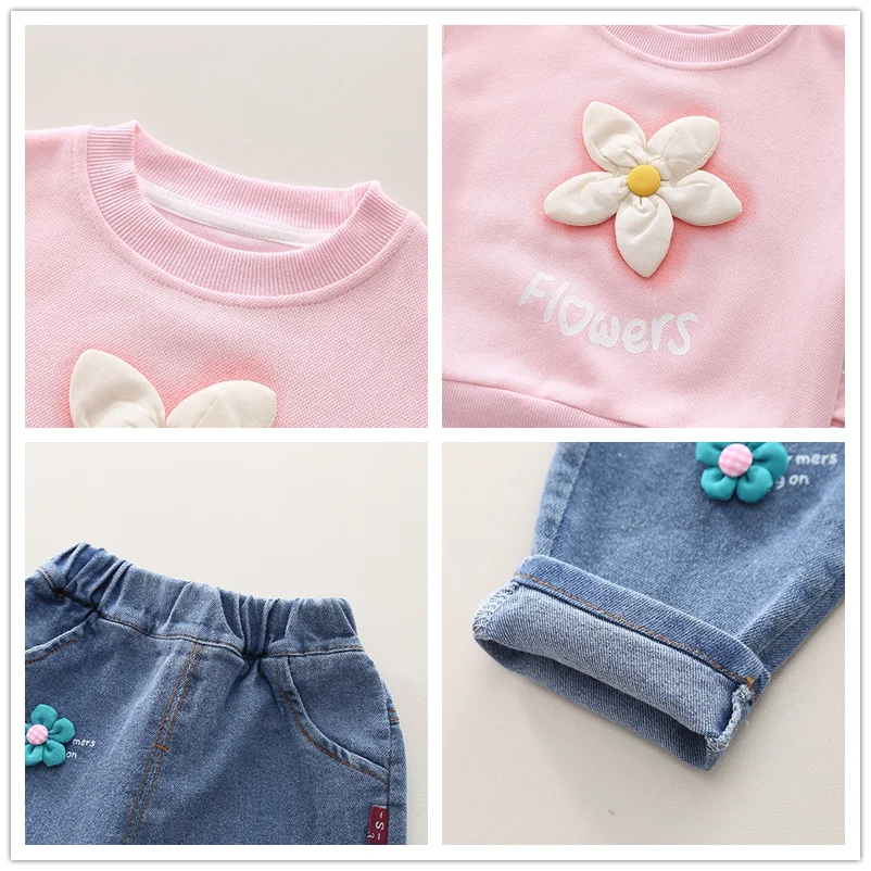 Set di abbigliamento per bambini per neonate felpa floreale in pizzo Jeans 2 pezzi vestito vestiti per neonati abiti costumi da principessa per