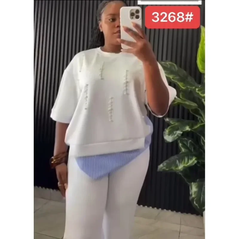 

Customized 2026 New Women's Stripe Printed 2 Piece Sets Tracksuit Women Casual Plus Size Office Lady Tops and Wide Leg Pants Set