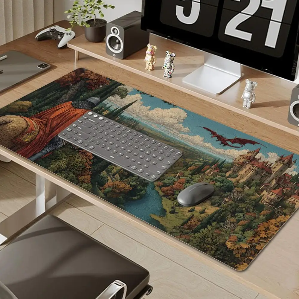Knight Castle Desk Mat Medieval Fantasy Mousepad Dragon View Desk Pad Heroic Adventure Decor Magical Gaming Setup Gift