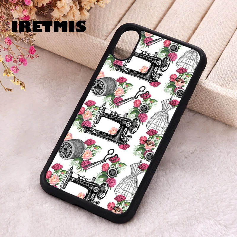 Iretmis Phone Cover Case For iPhone X XS Max XR 11 12 13 PRO MINI 14 15 16 Plus Rubber Silicone Vintage Sewing Pink Roses