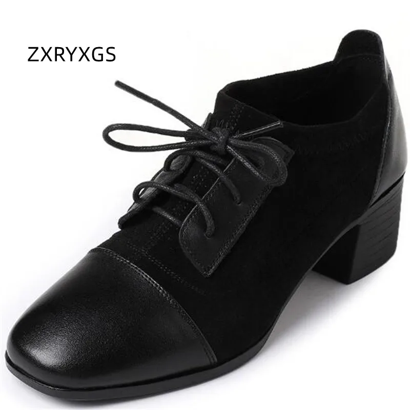 

ZXRYXGS Spring Lace Up Cowhide Elastic Velvet Stitching Black Shoes Woman High Heel Shoes 2023 Large Size Trend Leather Shoes