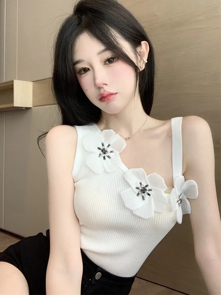 Women's White 3D Floral Camisole Top Y2K Gyaru Vintage Sexy Cropped Top Off Shoulder Sleeveless Tank Top for Women Summer 2026