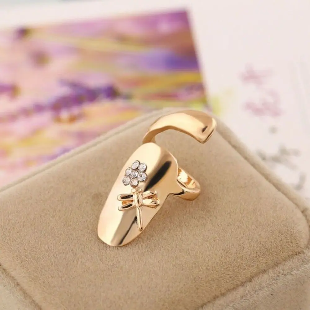 Sweet Fashion Lovely Rhinestone Wedding Jewelry Dragonfly Flower Design Finger Tip Nail Ring