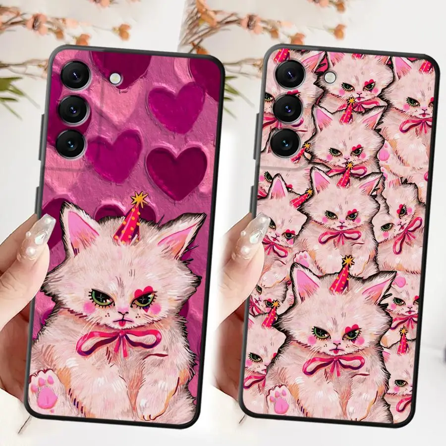 حافظة لهاتف سامسونج جالاكسي A06 A01 A02 A50 A70 نوت 20 Ultra 9 10 A30 A40 A05 A10 A20 A03 A04 قطة وردية لطيفة #4