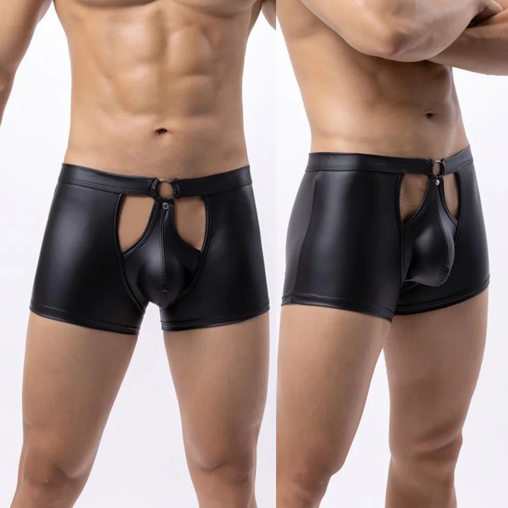 Mężczyźni Sexy Gay Temptatio Boxers Faux Leather U Convex Pouch Panties Patent Leather Boxer Shorts Peni Big Pouch Underpants