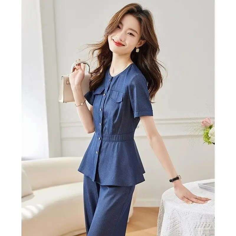 Summer New Temperament Jeans Sets Women Fashion Short Sleeve Cardigan Denim Shirts + Straight Pants 2-piece Suit Women Outfits