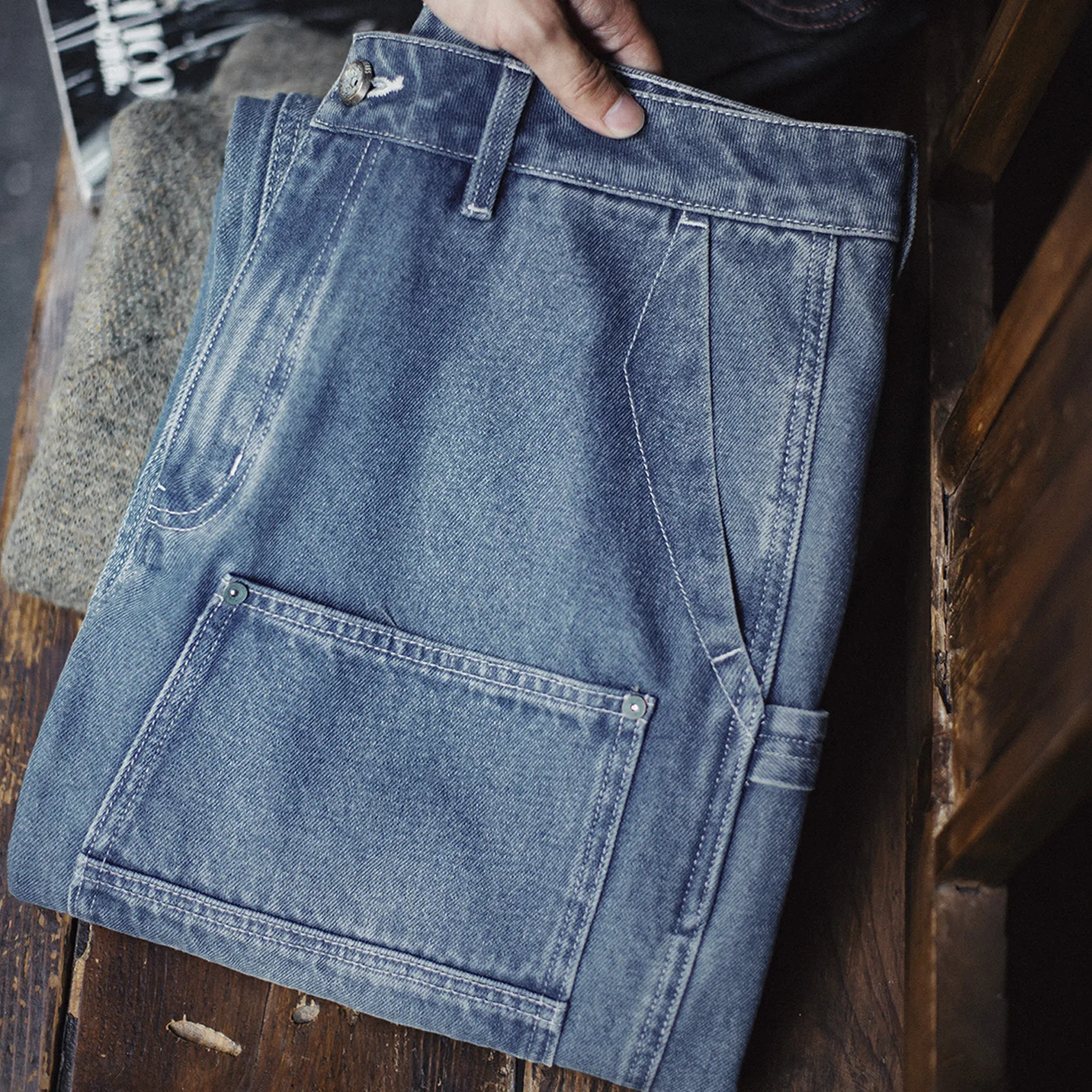 Maden Men's Carpenter Jeans Double Knee Denim Pants Washed Blue Wide Leg Loose Fit Workwear Jeans Casual Trousers Spring Fall