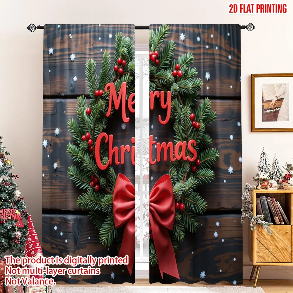 

2pcs 2D flat printing Merry Christmas Popular Curtains Merry Christmas Wreath Holiday Fabric Without Electricity Holiday