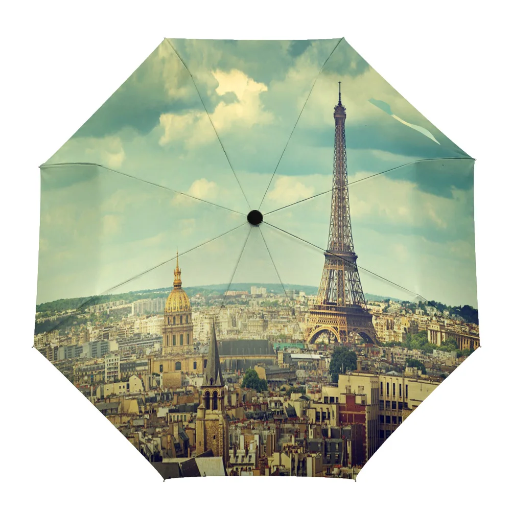 Paris Tower Flowers House Building Creative Umbrella Rain Women Non Automatic Three Folding Umbrellas Windproof Parasol