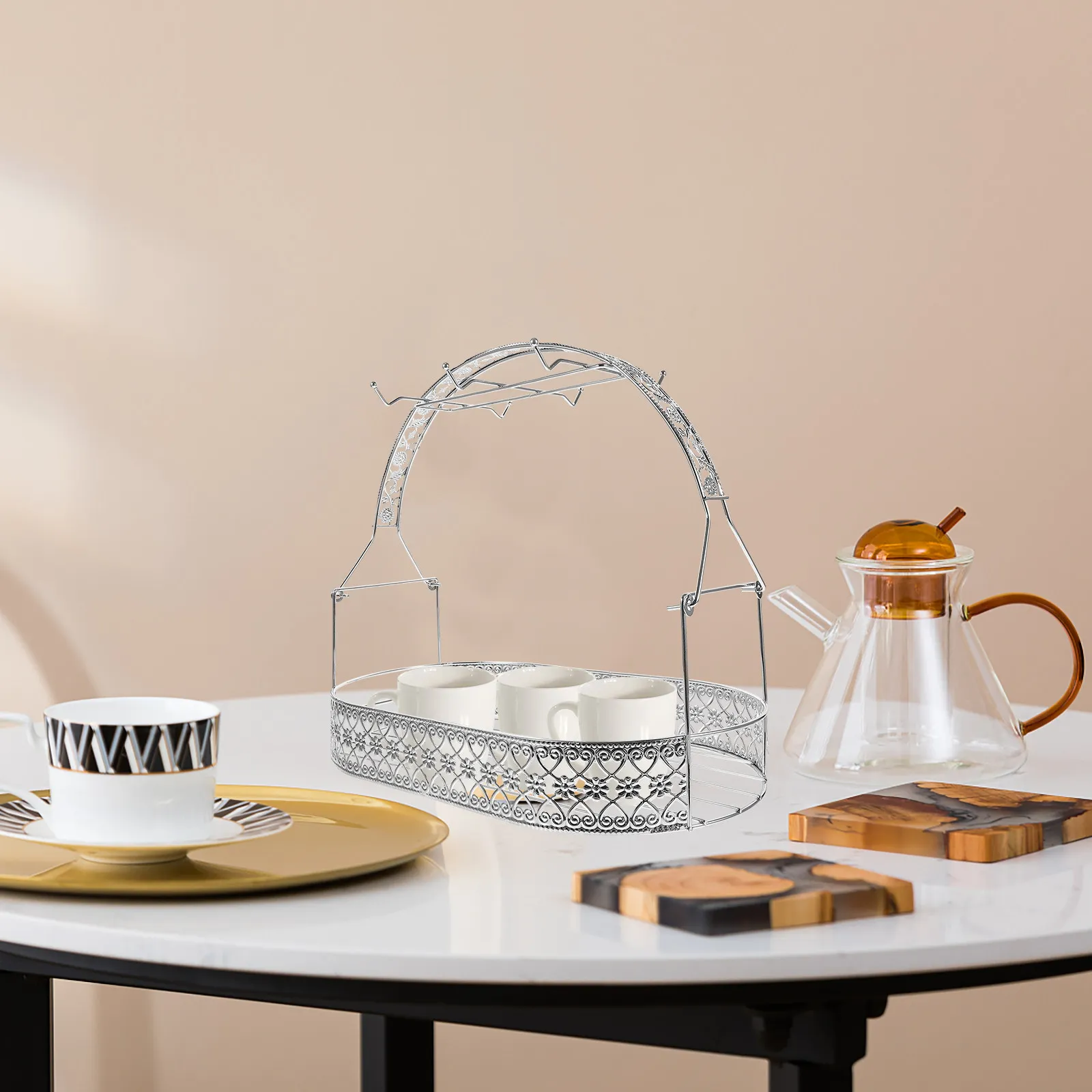 Water Cup Organizer 6 Coffee Cups Sugar Jar Milk Jug Teapot Display Shelf Household Cup Holder for Kitchen Storage