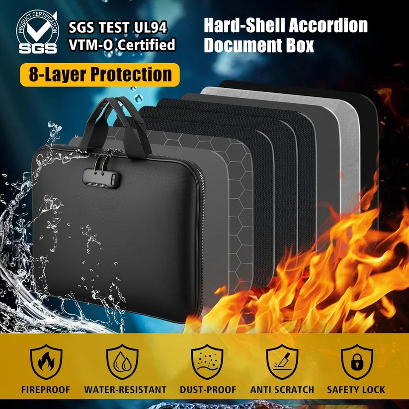 Fireproof & Waterproof Document Box – A4 Organizer With Lock, Secure Safe Bag For Important Papers, Certificates, Passports, Travel Storage
