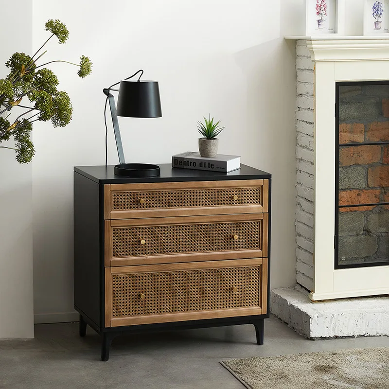 retro black three-bucket storage cabinet with drawer modern simple rattan bedside table for bedroom nightstand furniture