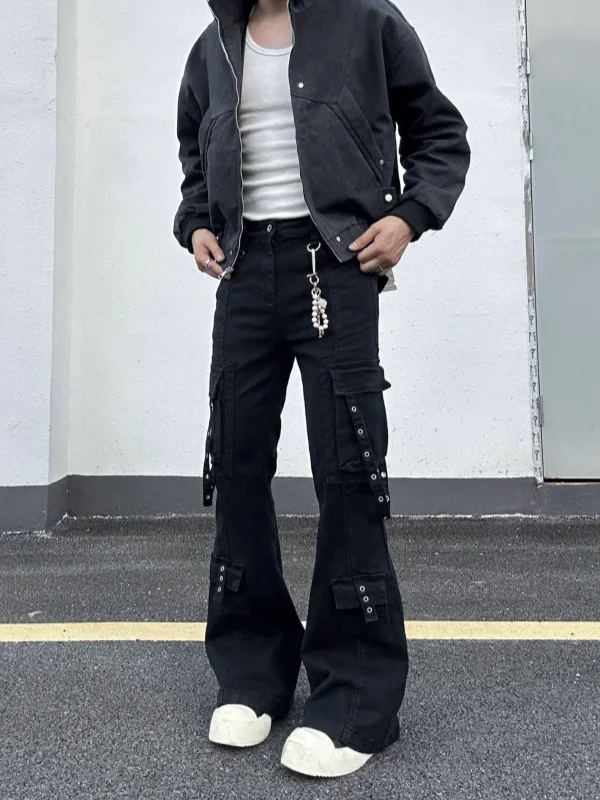 

Мужские джинсы American Sle Cleanfit, джинсовые брюки с несколькими карманами, расклешенные, в стиле рабочей одежды, черные, свободного кроя, ретро, весенне-осенние, модные брюки