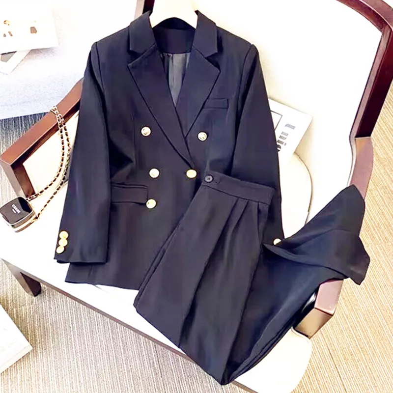 Spring Autumn New Suit Jacket Women Straight Tube Casual Loose Button Casual Blazer Full Long Pant Fashion Showing Suit