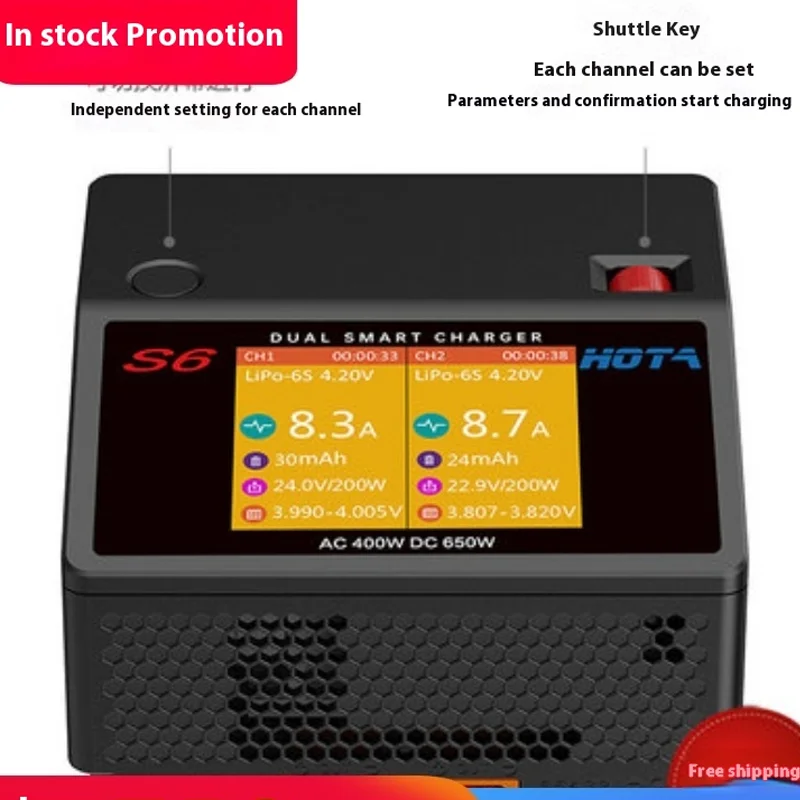 

Spot HOTA новое сбалансированное зарядное устройство для литиевой батареи S6 переменного тока 400 Вт постоянного тока 650 Вт двухканальная интеллектуальная зарядка