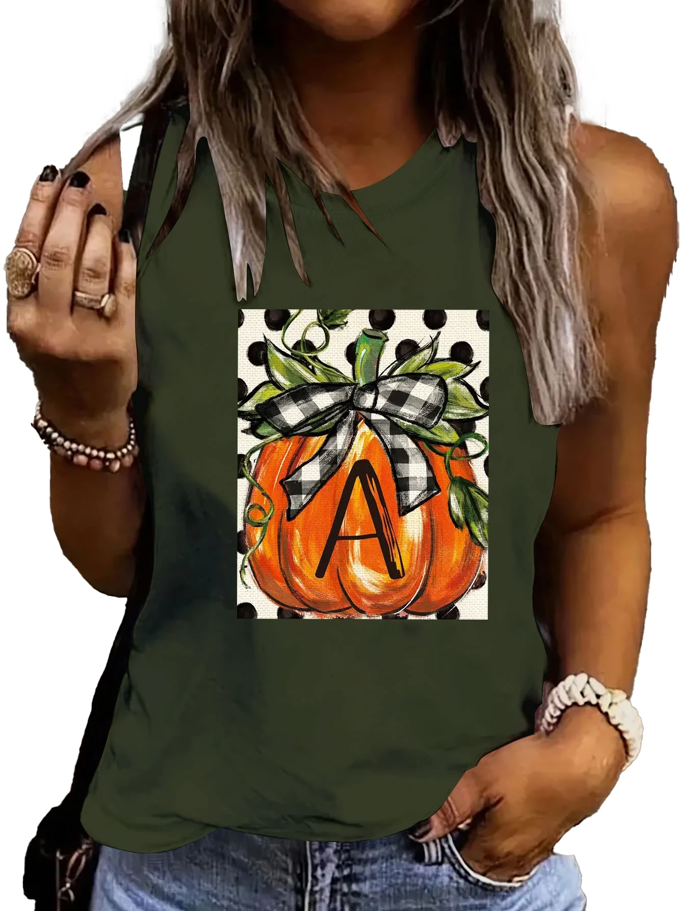 2024 Women's pumpkin print crew neck vest, women's summer casual sleeveless vest, Halloween women's street casual top