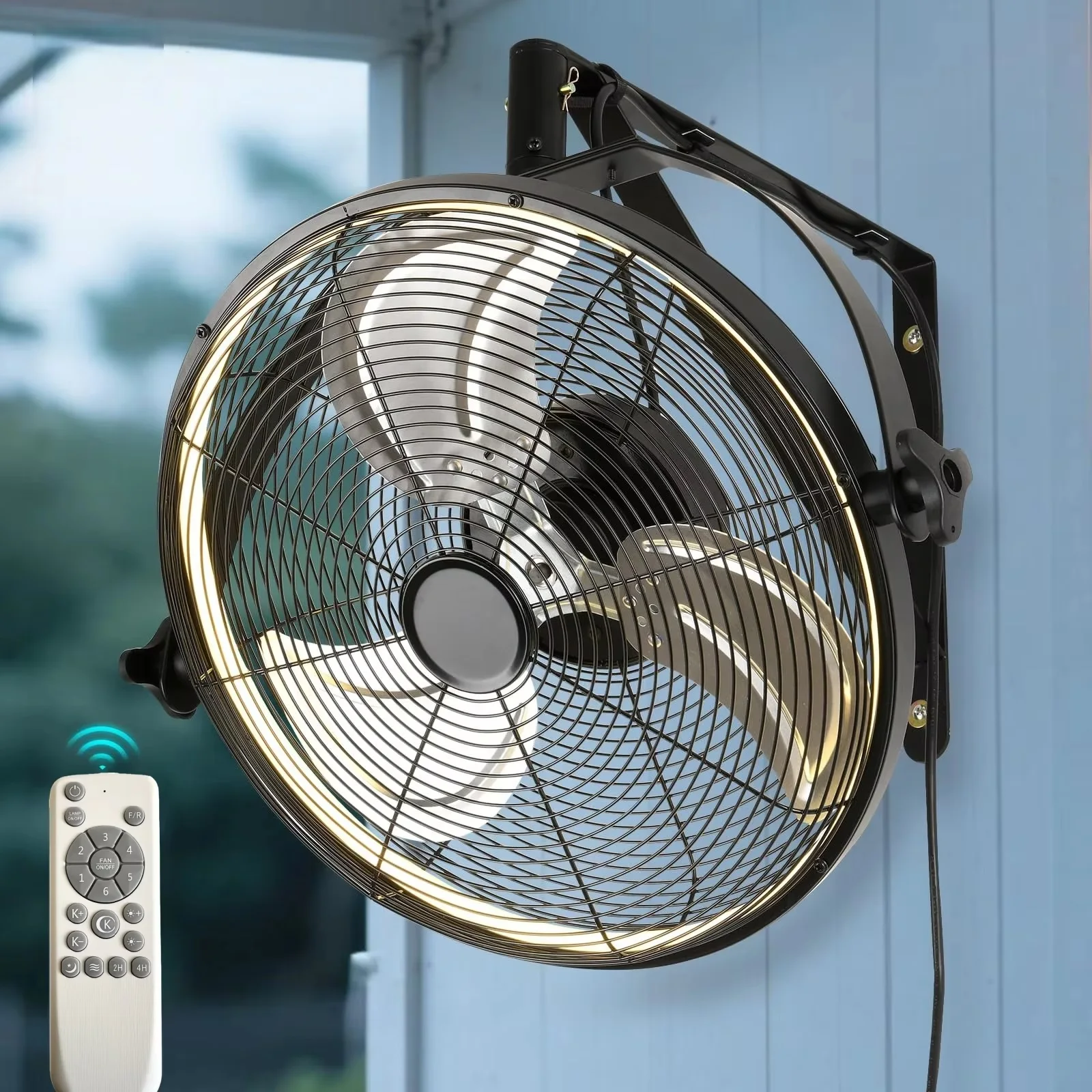 Ventilateur de plafond intelligent mural avec éclairage LED et couvercle en filet, éclairage à 360° °   Ventilateur rotatif pour balcon et salon