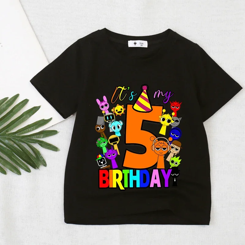 

Футболка с номером игры Sprunki на день рождения, футболки с короткими рукавами для девочек и мальчиков, летние повседневные детские топы, черная футболка, одежда для малышей с героями мультфильмов