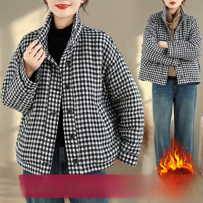 

Thiened Cotton Linen ort Coat Classic Stand Collar Warm Artistic Winter Commute Women's Jaet Long Sve Regular Length