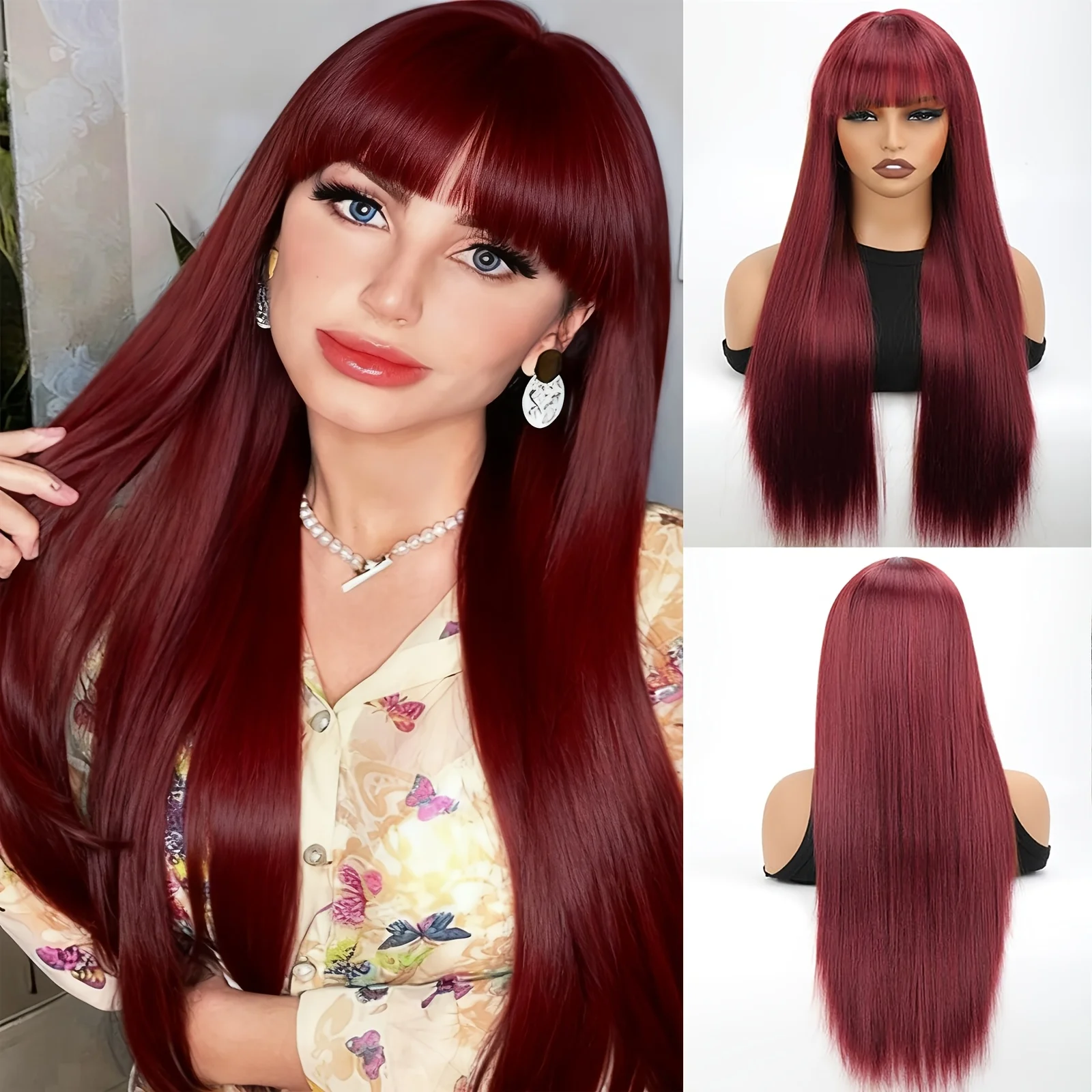 

28inch Burgundy Bangs Deep Wave Straight Hair Wig Bangs Styling Design, Natural Appearance, Synthetic Wig