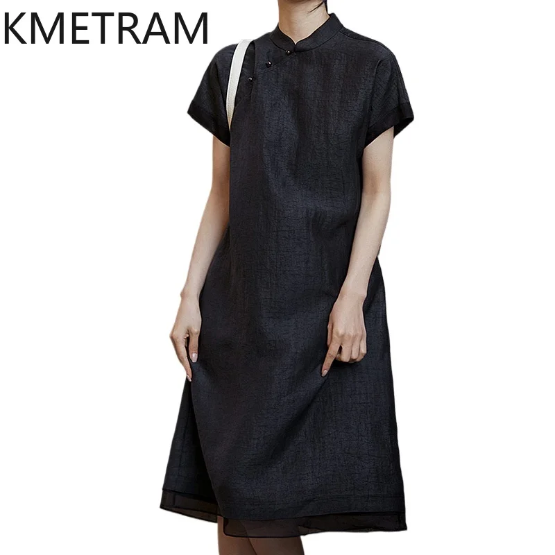 KMETRAM 100% Mulberry Silk Dresses for Women Xiangyun Sha Black Midi Dress V-Neck / Stand Collar Frocks 2026 Summer Clothes 원피스