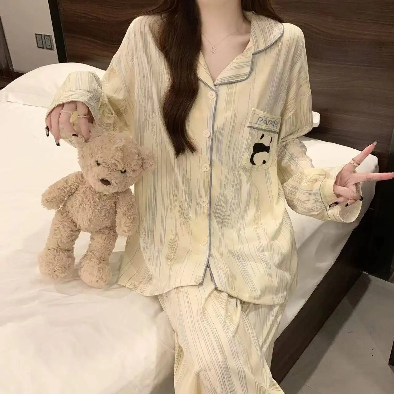 

Pajama Sets Embroidered Wedding Women Heavyweight Design Pattern Long Sleeve Button Full Length Pants Warm Thick Thermal Quilted